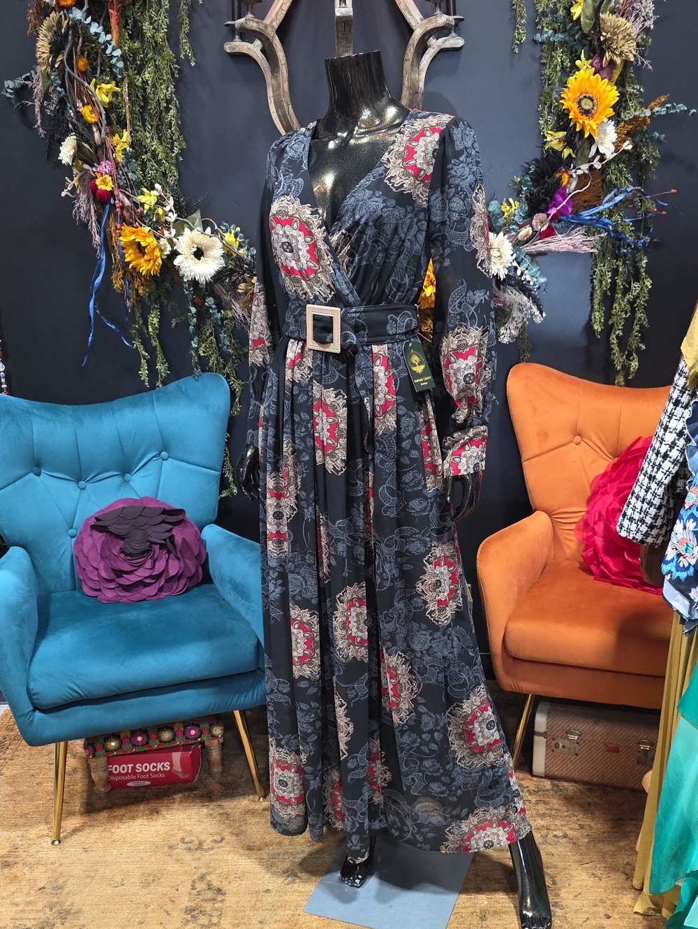 Miss Avenue Black Patterned Wrap Maxi Dress with Belt